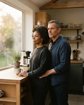 A thoughtful British couple in a bright modern kitchen during golden hour
