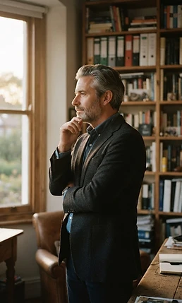 A British professional reading in a bright home office